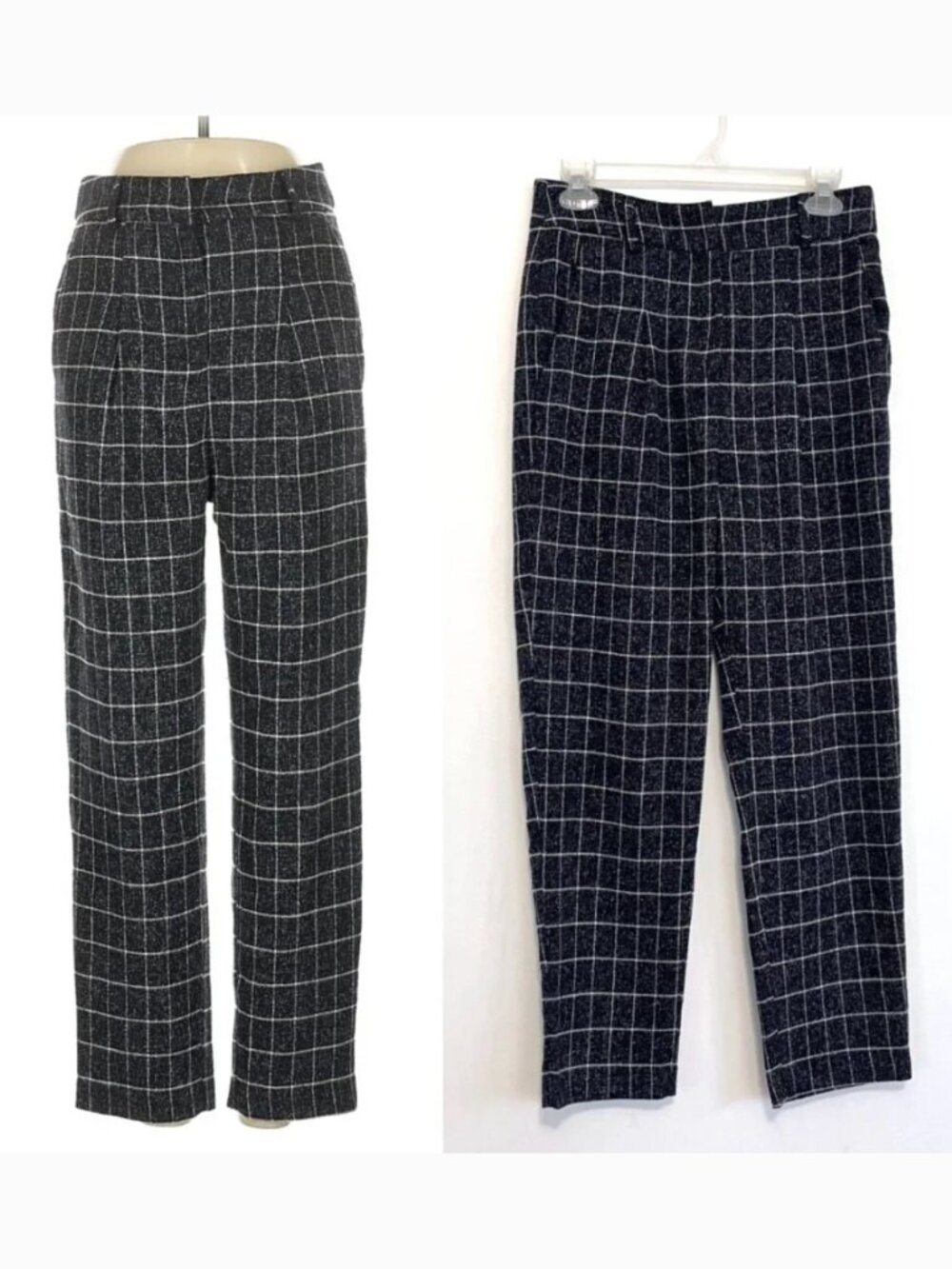 FRNCH PARIS Navy Blue Windowpane Grid Crop Cropped Tapered Leg Pants Trousers S